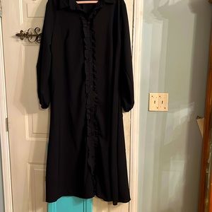 Black, ruffle, trim, button up straight dress
